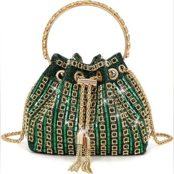 Green Diamante Bucket Handbag Rhinestone Clutch Purse Evening - Picture 1 of 3